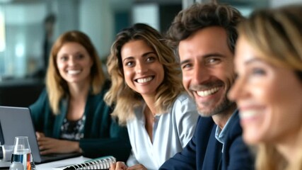 Happy group of business people discussing strategy during team meeting at the office together, under soft office light, showcasing collaborative energy and professional focus, sere