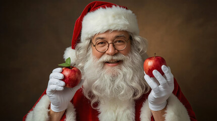 Jolly santa claus with a white beard holds two red apples in his hands