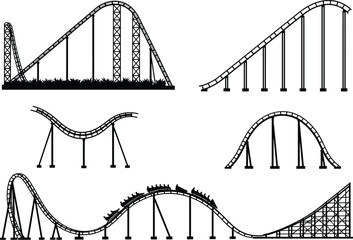 Roller coaster silhouette, amusement park rides, track design, thrill ride curves, loop structures, black shapes, ride dynamics, entertainment engineering, white background, fun attraction