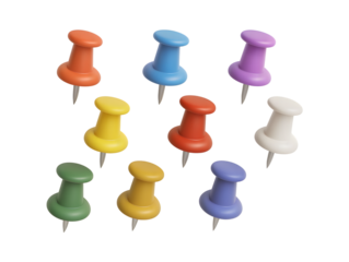 A collection of vibrant assorted colored push pins arranged against a stark black background