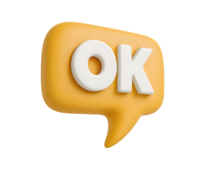 3d orange speech bubble with white ok text against a black background