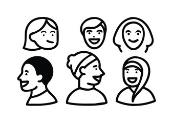 Minimalist Black Outline Vector Set of Human Faces Including Hijab