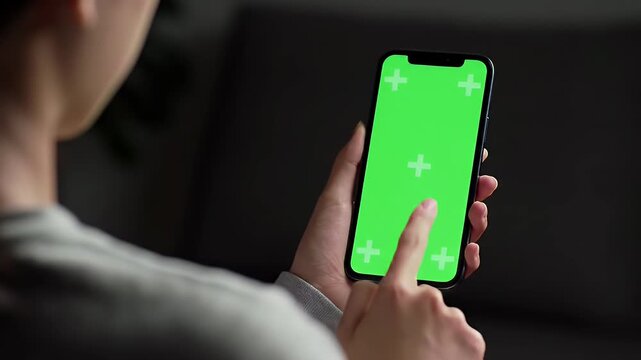 back view of fitness woman using green screen smart phone at home. Woman preparing for workout using smart phone.Woman doing a tap on mobile phone while resting during fitness training