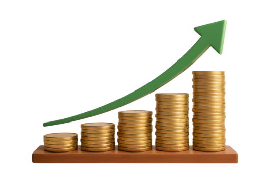 Golden coins stacked in increasing height with an upward green arrow symbolizing financial growth