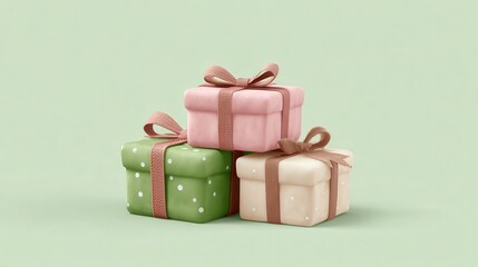 Creative minimalist Christmas gifts stacked neatly with soft colors and elegant ribbons on a gentle green backdrop. Christmas and New Year. Winter Wonderland