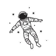 Minimalist astronaut logo design. Abstract one-line art of a floating spaceman in space with stars. Simple black and white vector icon for science and technology.  © Journey