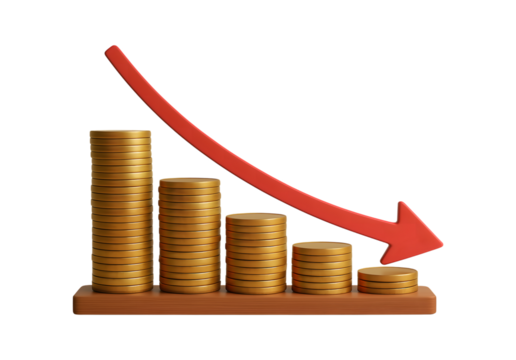 Golden coins stacked in decreasing order with a red downward trend arrow