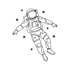 Obraz premium Minimalist astronaut logo design. Abstract one-line art of a floating spaceman in space with stars. Simple black and white vector icon for science and technology. 