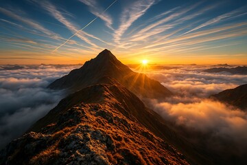 Majestic mountain peak bathed in golden sunrise light above a sea of clouds