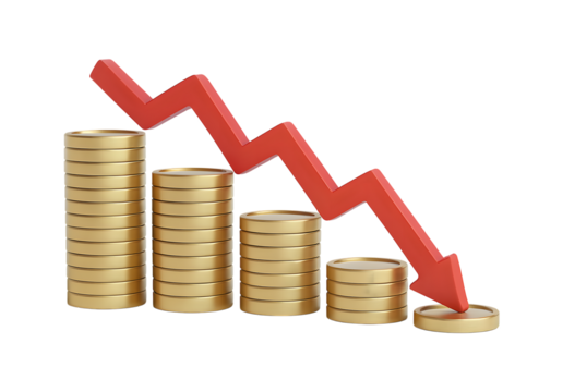 Red downward arrow symbolizing financial decline over stacked gold coins on black background