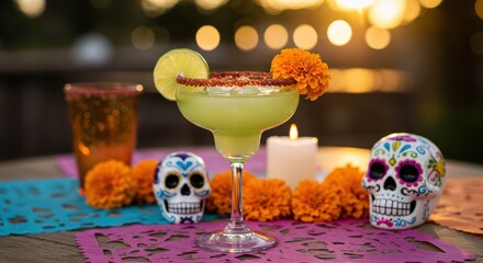 Day of the Dead cocktail with tequila, lime and salt decorated sugar skull and marigold flowers. Traditional Mexican celebration drink for fun holidays. Dia de los muertos banner with copy space.	
