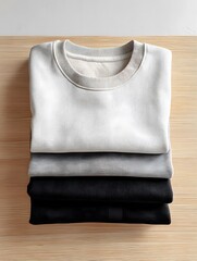 Minimalistic mockup of folded sweatshirts on a wooden table.