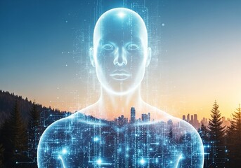 Futuristic digital human concept with glowing connections against a forest and city skyline, embodying AI, technology, and the future of human-machine interface