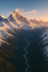 Majestic snow capped mountain range bathed in golden hour sunlight with a winding river below