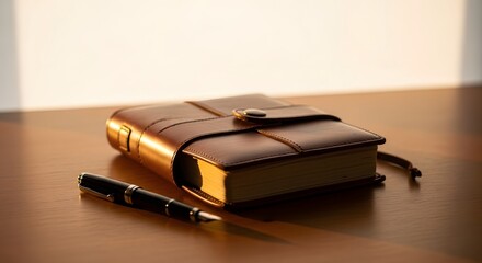 A brown leather journal with gold clasp and matching pen rest on a wooden table, illuminated by warm sunlight. The scene evokes a sense of peace, ideal for writing or reflection.