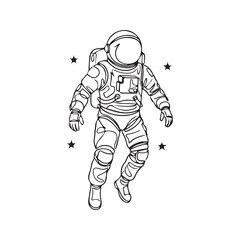 Minimalist astronaut logo design. Abstract one-line art of a floating spaceman in space with stars. Simple black and white vector icon for science and technology.
