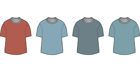 Flat lay vector illustration of four classic short-sleeved crew-neck t-shirts in a range of muted, versatile colors, perfect for casual apparel design and fashion mockups