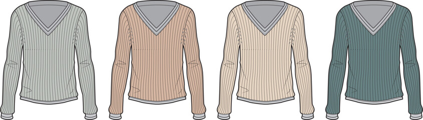 Obraz premium Fashion design template of long-sleeve V-neck women's sweaters in a varied color palette, perfect for apparel mockups and casual wear illustrations
