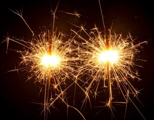 Two celebratory sparklers, emitting bright golden light. Their trails create radial patterns against a dark backdrop, symbolizing festivity