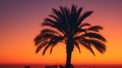 Obraz premium Silhouette of a palm tree against a vibrant sunset sky.