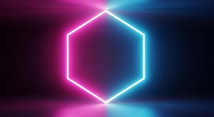 Glowing neon hexagon frame with pink and blue light