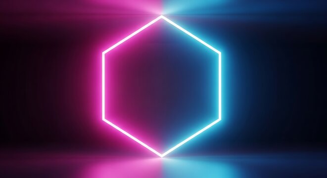 Glowing neon hexagon frame with pink and blue light