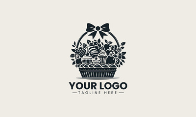 Elegant gift basket filled with delicious cakes and fresh fruits vector logo illustration design  