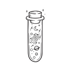 Cute hand-drawn doodle of the universe in a test tube. Whimsical line art illustration of a cosmic potion with planets, moon, and stars. Science and astronomy concept.
