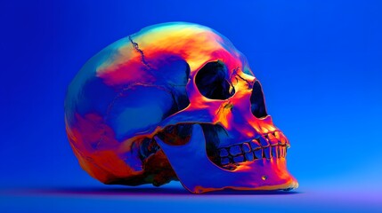 Colorful skull glows with vibrant hues on a blue background.