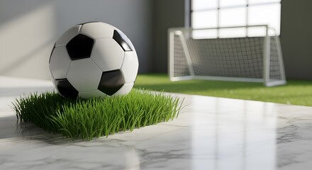 A classic black and white soccer ball rests on a square patch of vibrant green grass indoors on a smooth marble floor with a goal and playing field in the background.