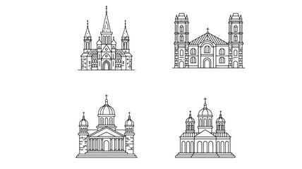 Collection of diverse architectural line drawings of historic churches and cathedrals