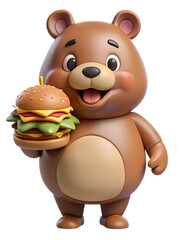 Cute 3D Cartoon Bear Holding a Juicy Hamburger with Cheese