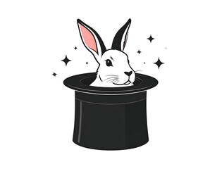An illustration depicts a white rabbit emerging from a classic black magician's top hat, with sparkling starbursts