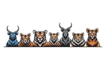 Majestic tigers and antelope wildlife lineup with captivating colorful illustration, perfect for branding, storybooks, and unique creative projects