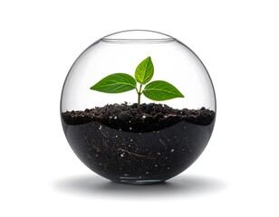 Isolated glass globe terrarium with a tiny green sprout growing inside, white background.