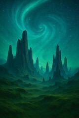 Mystical fantasy landscape with glowing aurora borealis over ancient ruins