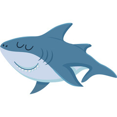Blue Cartoon Shark Illustration with Closed Eyes and Smiling Mouth on Transparent Background