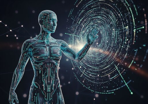 Futuristic cyborg interacting with a digital interface in a dynamic, vibrant scene showcasing cutting-edge technology and artificial intelligence, perfect for modern tech visuals