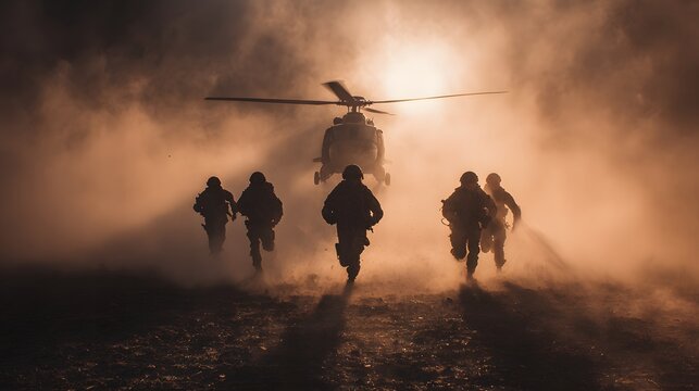 Soldiers run from a helicopter in dust and smoke.
