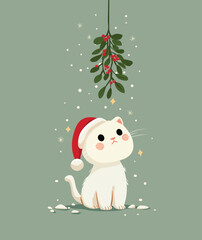 Adorable illustration of a cute white cat wearing a Christmas hat, sitting below mistletoe, evoking holiday cheer and warmth in a festive atmosphere.