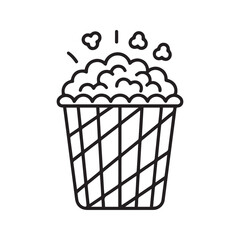 Popcorn line icon. Minimalist vector illustration of a movie snack in a striped box. Simple black outline symbol for cinema, film, and entertainment on a textured background.
