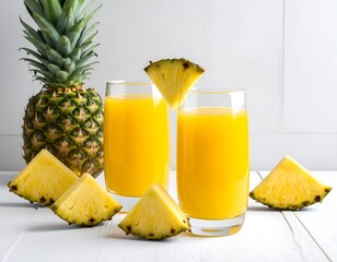 Two clear glasses filled with bright yellow juice, garnished with pineapple slices, next to a whole pineapple and more slices on a white wooden surface