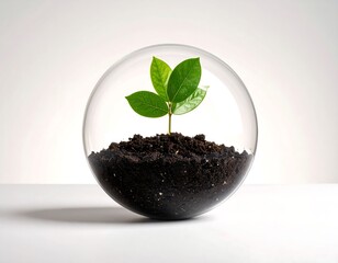 Vibrant green seedling growing in a glass sphere terrarium, symbolizing conservation.