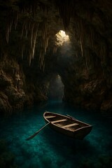 Rustic wooden rowboat floats on tranquil turquoise water inside a dark cave with stalactites