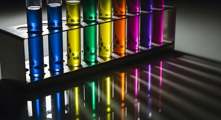 Colorful test tubes in a rack with vibrant hues create a visually appealing reflection on a dark surface, evoking a sense of scientific exploration and discovery.