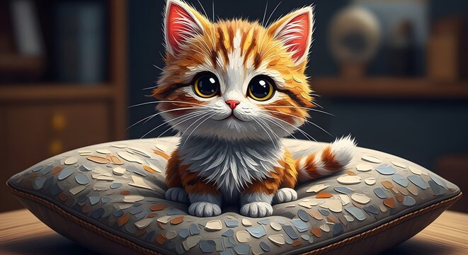 A charming fluffy ginger kitten with big, expressive eyes sits on a patterned cushion, radiating cuteness and heartwarming appeal, perfect for delightful visual content