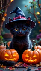 Adorable black cat wearing witch hat surrounded by glowing pumpkins on Halloween night