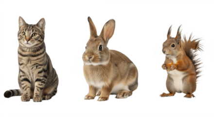 Set of Three Cute Animals – Cat, Rabbit, and Squirrel Isolated on White Background – Adorable Pet and Wildlife Collection Featuring Fluffy Domestic and Forest Creatures in High Detail for Nature and K