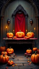 Obraz premium Spooky Halloween Decor with Glowing Jack-o'-Lanterns in a Dimly Lit Gothic Room with Cobwebs and Candles