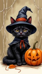 Enchanting black cat wearing witch hat with pumpkin on Halloween background, festive autumn charm